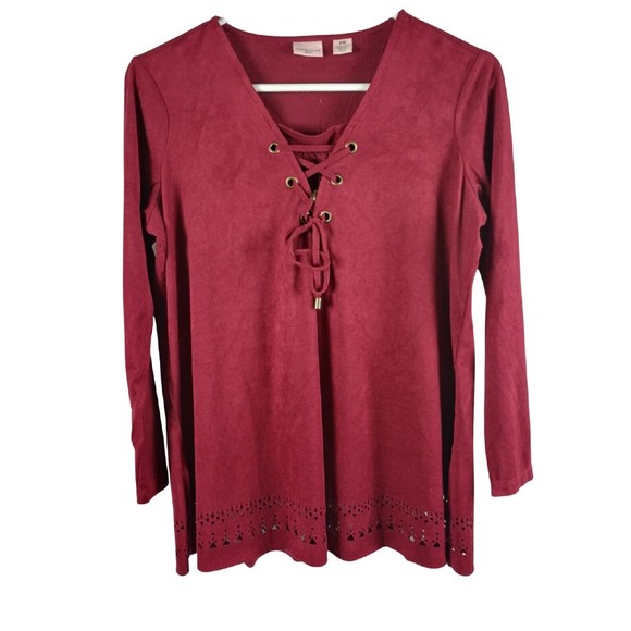 Westbound Women's Petite Sz PM Red Wine Faux Suede Long Sleeve Tasseled Top - Picture 1 of 16